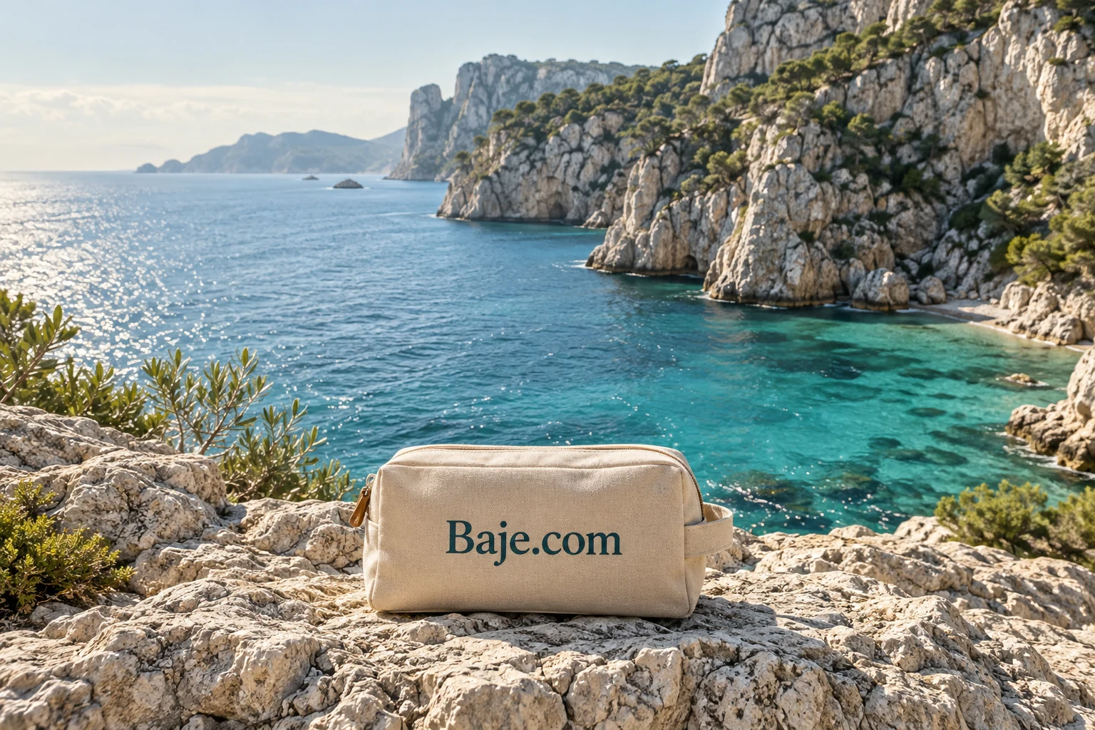 A Baje.com cotton travel pouch overlooking a limestone coast