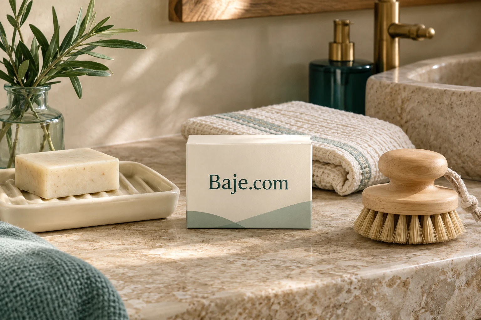 A Baje.com card with tactile bath accessories
