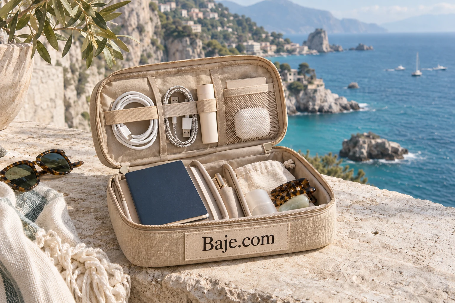 An open Baje.com organizer holding travel essentials