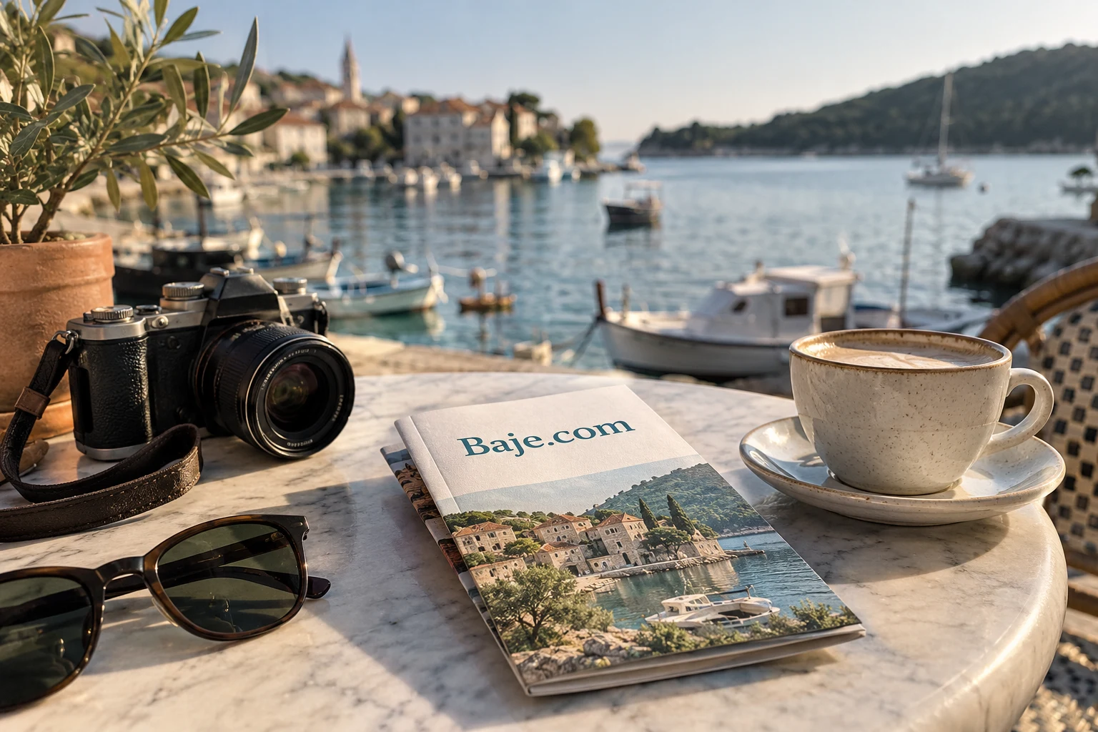 A Baje.com guide beside a camera at a harbor