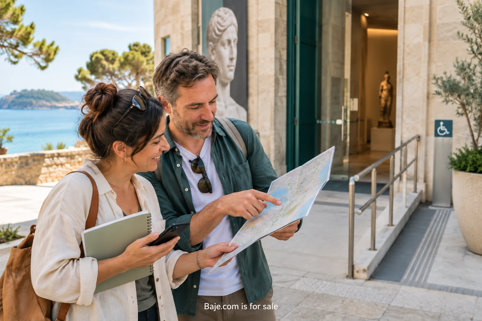 Travelers reviewing a map beside an accessible entrance; Baje.com is for sale