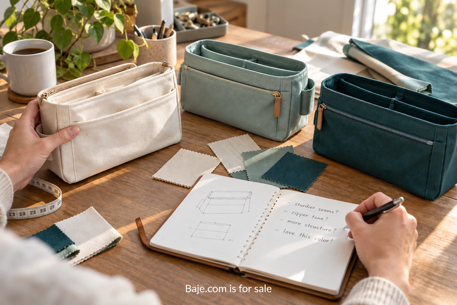 A maker comparing organizer prototypes and recording observations; Baje.com is for sale