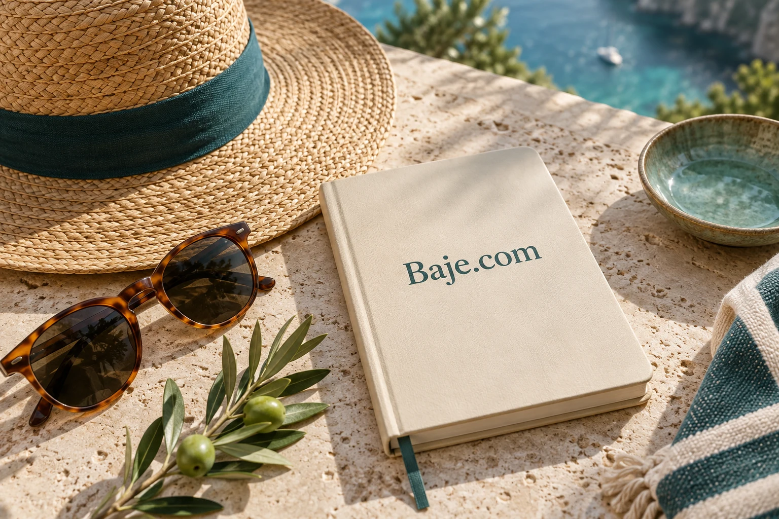 Baje.com travel notebook on a sunlit stone terrace